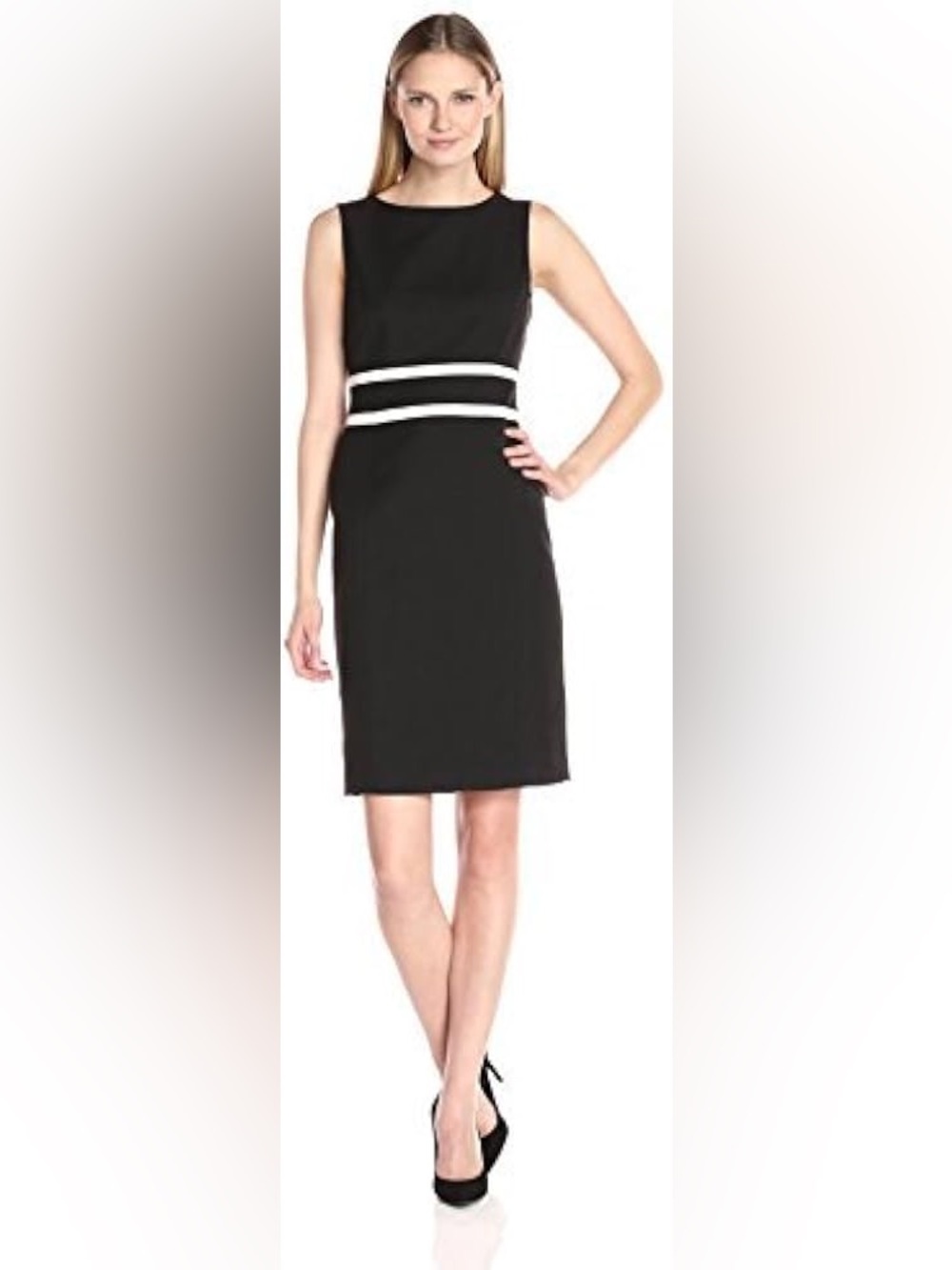 Evan Picone Black Midi Sheath Dress with White Waist Bands